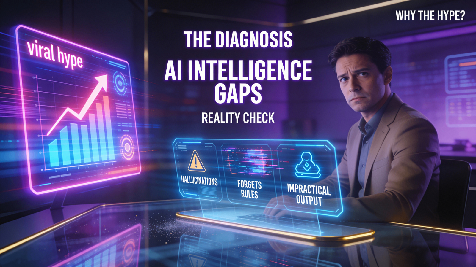 AI intelligence gaps graphic showing hallucinations, forgotten rules and impractical output, reality check section.