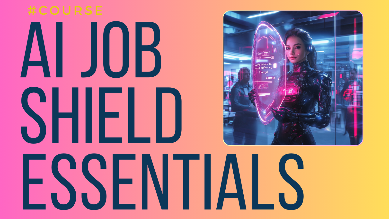 AI Job Shield Essentials course cover featuring AI mentor holding holographic panel, program overview.