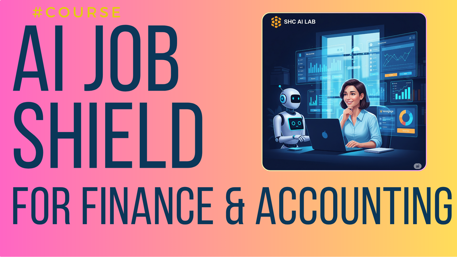 AI Job Shield for Finance & Accounting cover with analyst and AI robot reviewing charts, finance track.