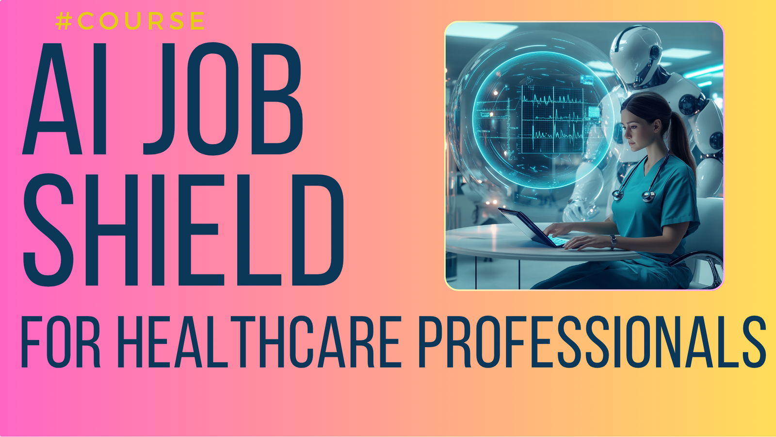 AI Job Shield for Healthcare Professionals cover with nurse using laptop beside medical AI robot, healthcare track.